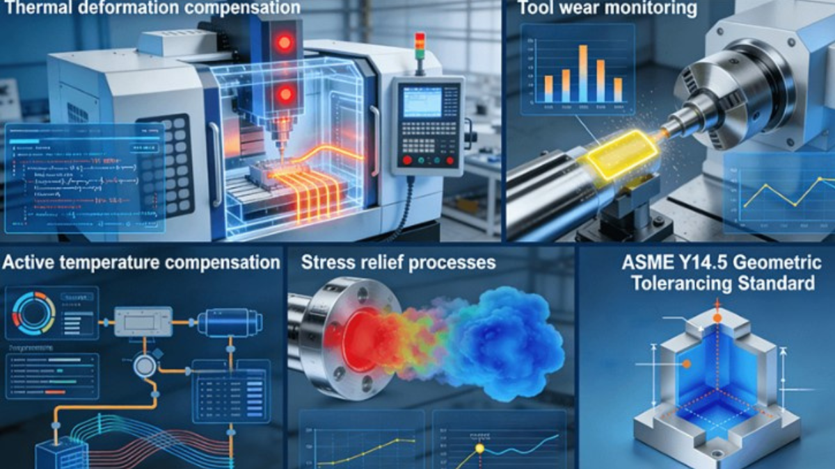 CNC machining tolerance control technology breakdown showing thermal compensation, tool wear monitoring, and stress management