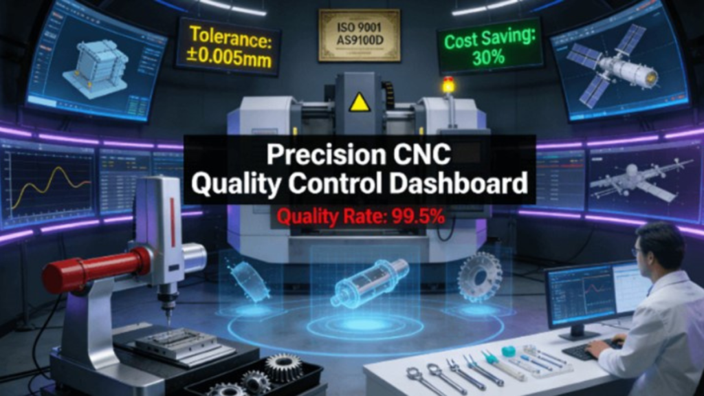 Precision CNC machining quality control dashboard showing tolerance control, cost savings, and quality improvement in manufacturing