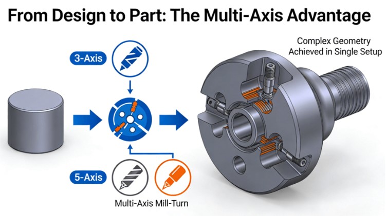 Infographic comparing the capabilities of 3-axis, 5-axis, and multi-axis CNC turn-mill centers in producing complex parts from a raw aluminum blank.
